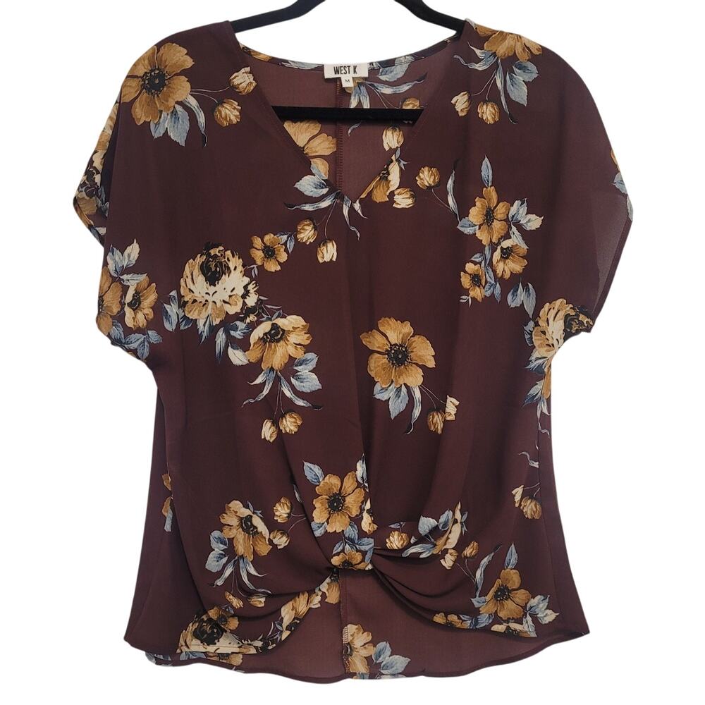 West K Brown Floral Blouse Size M Knot Front Short Sleeve Boho Cottage Fall